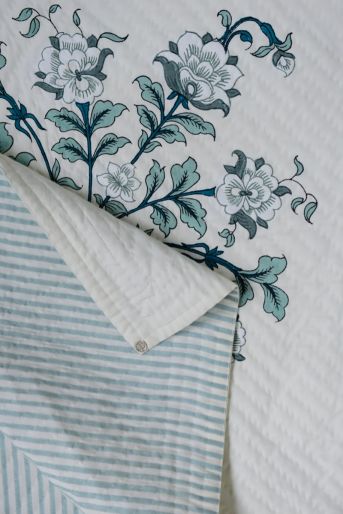 French Traditionally Quilted  Throws and Tablecloth in  Gustav Peony Matching Stripes