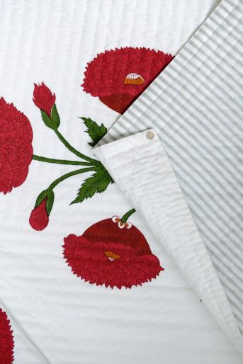 French Traditionally Quilted  Throws and Tablecloth in  Poppy on White Grey Stripes