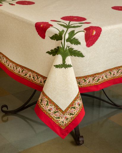 Tablecloth Poppy on Cream overprint-140 X 140