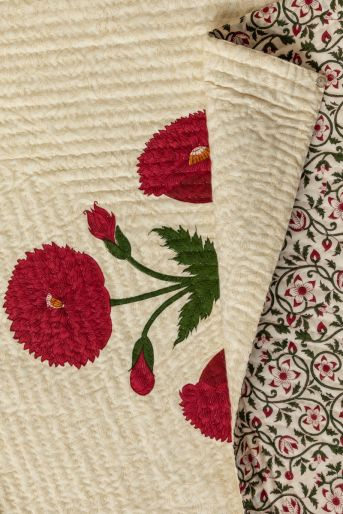 French Traditionally Quilted  Throws and Tablecloth in  Poppy on Cream Overprint. Poppy Jal
