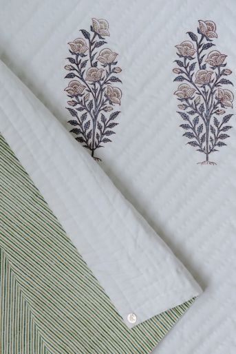Bedcover Grey Leaf Mughal Rose Green Stripes