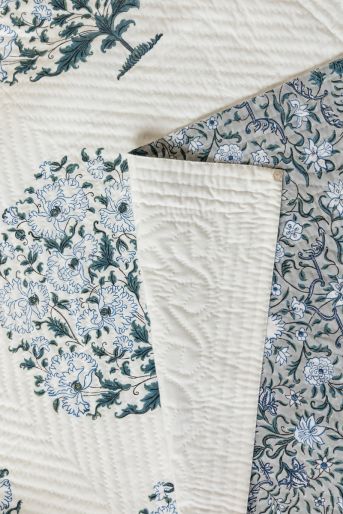 French Traditionally Quilted  Throws and Tablecloth in  Blue Amapola Buta Grey  Jal