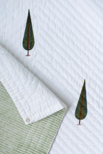French Traditionally Quilted  Throws and Tablecloth in  Cypress on White Double Green Stripes